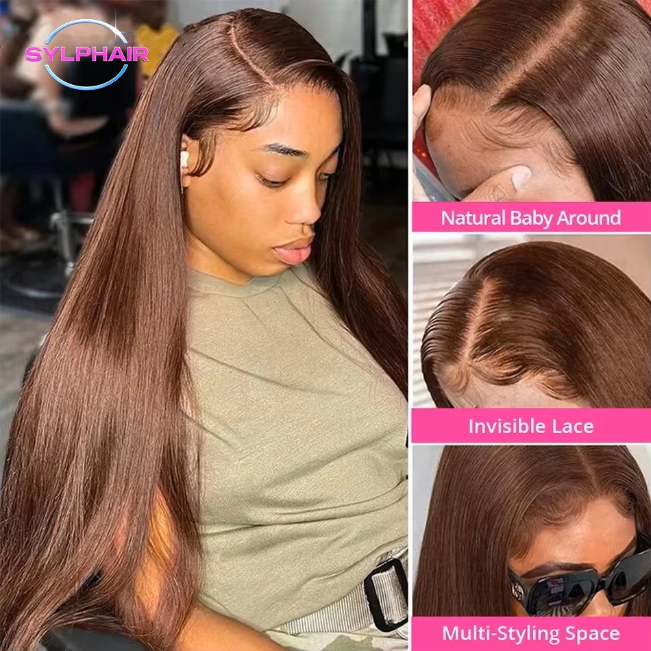 13x6 HD Chocolate Brown Straight Lace Front Wigs Human Hair 30 Inch 200% HD Transparent Lace Frontal Wig Brown Wigs For Women 4