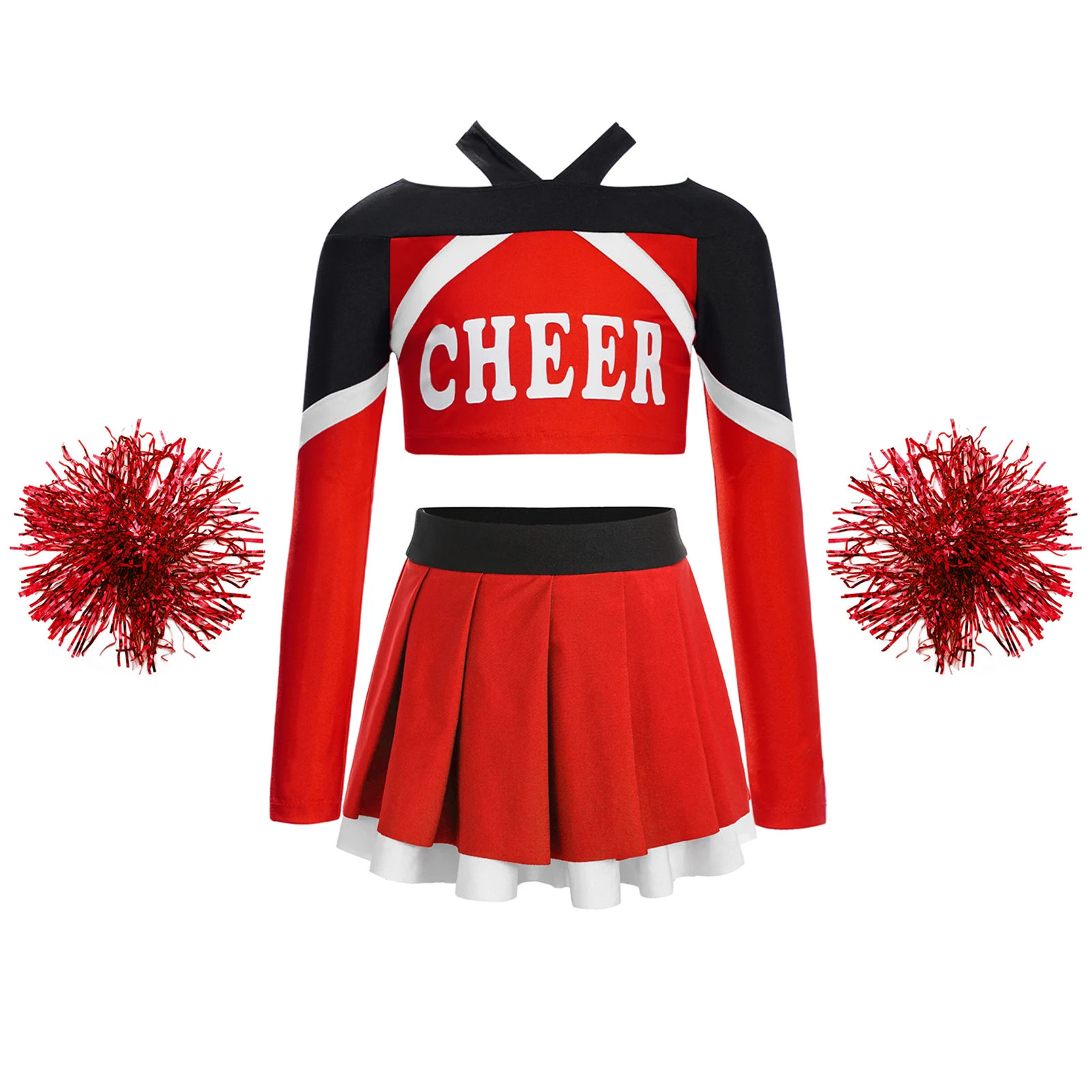 Kinder Mädchen Cheerleader Kostüm Cheerleading Uniform Performance Outfit Briefdruck Crop Top mit Faltenrock Blumenkugeln – Detail 9
