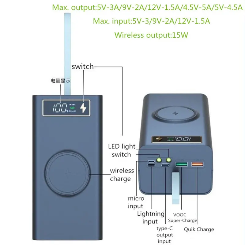 Banco de Potência sem Fio Shell Super Carga Vooc Carga sem Fio Faça Você Mesmo 18650 Li-ion Battery 5v 9v 12v 5a Usb Qc4.0 pd 22.55w - Image 3