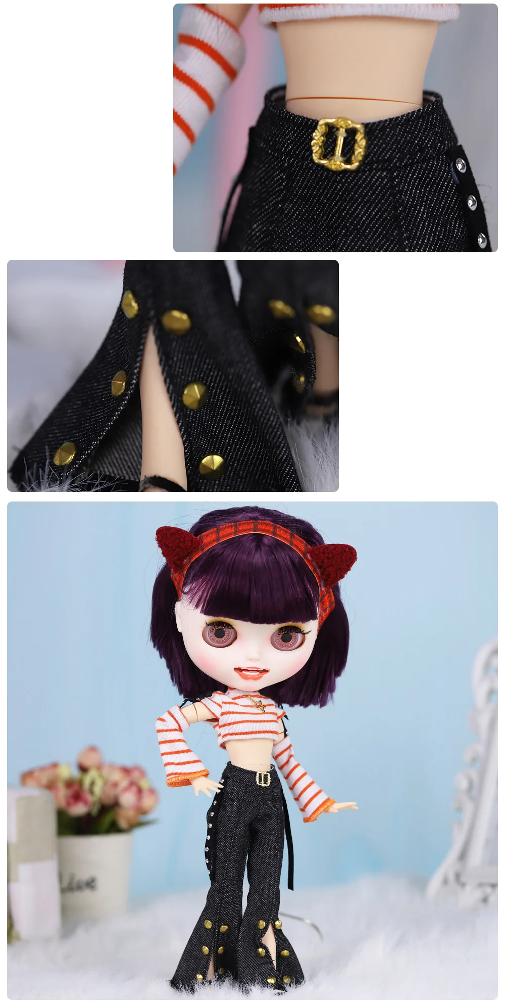 Neo Blythe Doll Top Crop with Jeans Pant & Cat Headdress 2