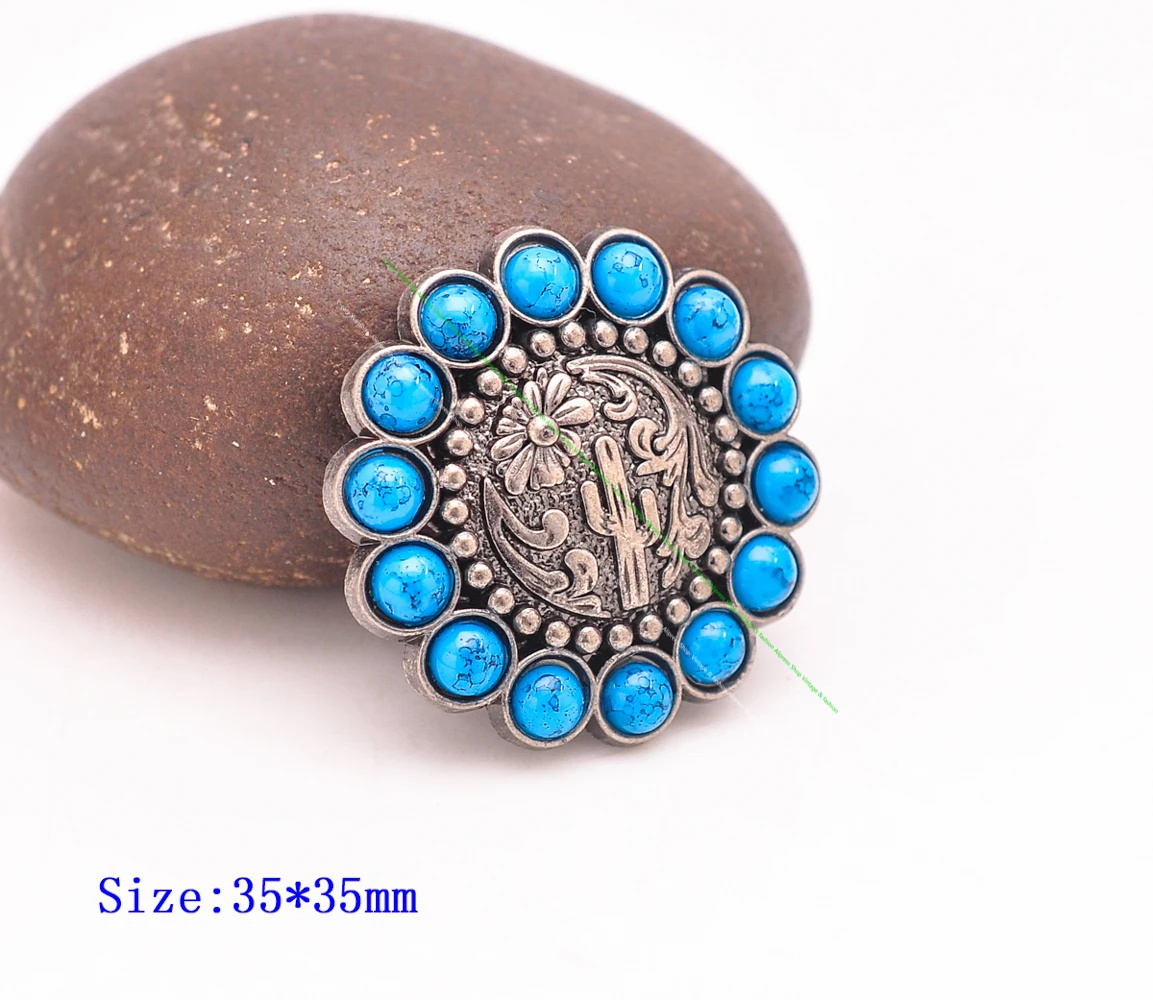 

10Pc 35Mm Big Antique Silver Western Cactus Bead Flower Leathercraft Handbag Belt Saddle Tack Turquoise Concho Screwback