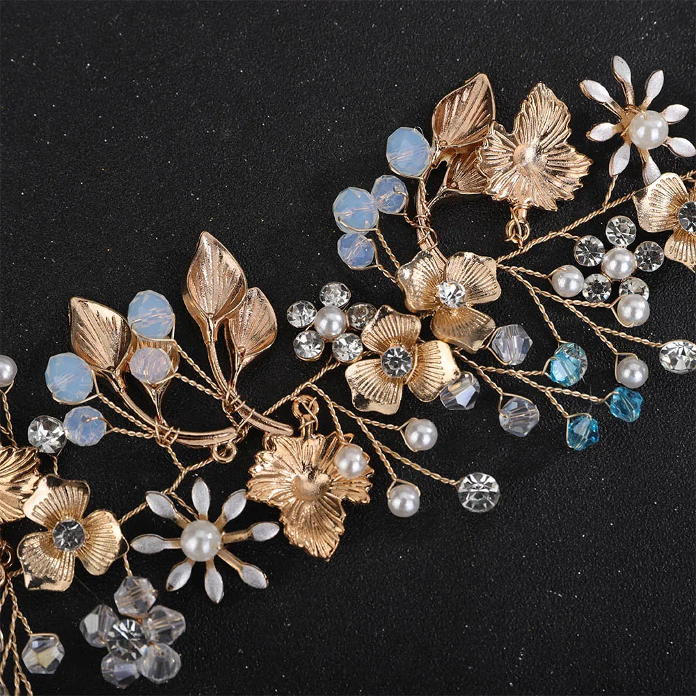 Women Leaf Headband Gold Crystal Rhinestone Flower Wedding Bridal Hair Accessories Bride Bridesmaid Pearl Jewelry Party Tiaras