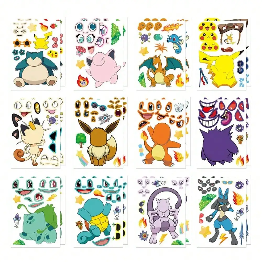 6/12Sheets Pokémon Cartoon Puzzle Sticker DIY Phone Laptop Luggage Skateboard Graffiti Decals Fun for Kid Gift