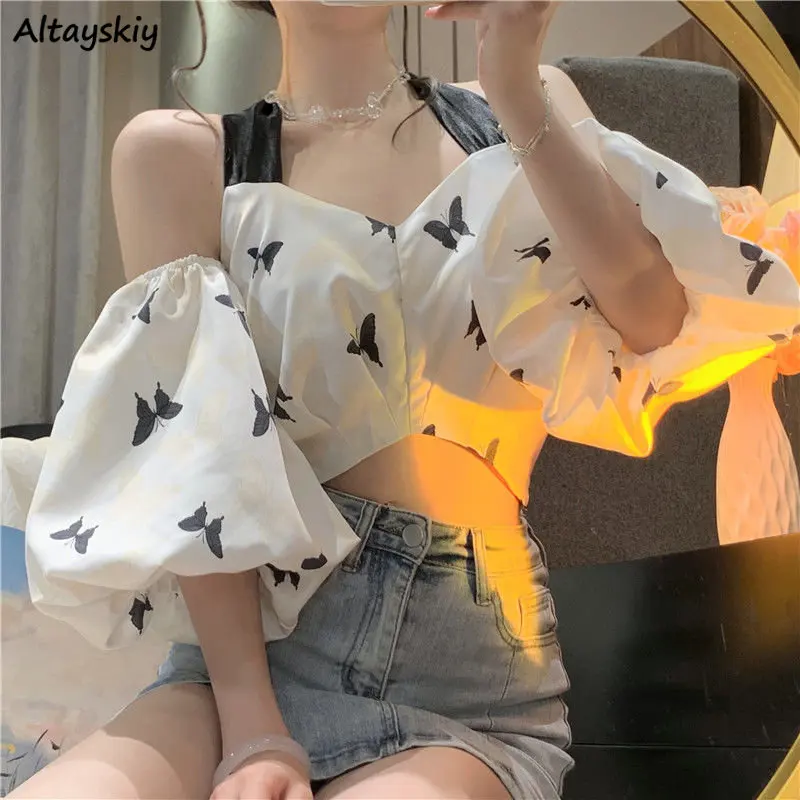 

Print Halter Blouses for Women Off Shoulder Short Sleeve Crop Tops Y2k Clothes Temperament Summer Hotsweet Girls Harajuku Blusas