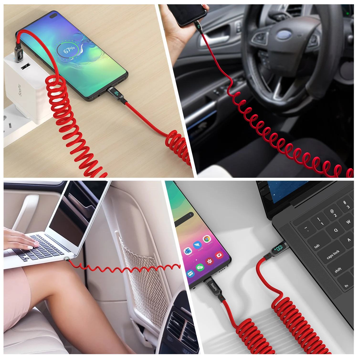 SooPii Coiled 100W USB C to USB C Cable Fast Charging 2M Nylon Braided Type-C  Cable with LED Display for lPad/lphone/MacBook