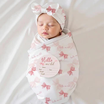 Set Fasciatoio per Neonata con Stampa Fiocco Hello, Coperta in Cotone + Cappellino con Fiocco + Biglietto Annuncio Nascita, Accessori per Servizio Fotografico Neonato