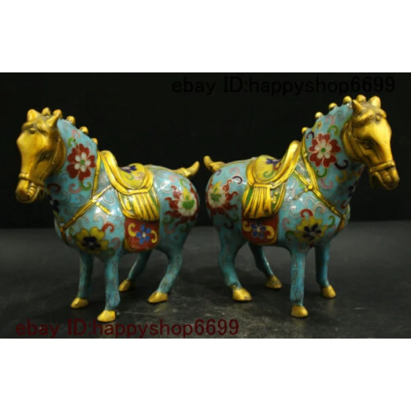 

7" Ancient China Bronze Cloisonne Enamel 12 Zodiac Year Animal Horse Statue Pair