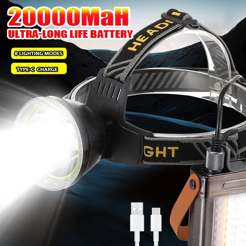 USB 충전식 다기능 COB 헤드램프, 20000 Mah 배터리 보조배터리, 헤드 램프 손전등, 야외 캠핑 낚시 헤드라이트