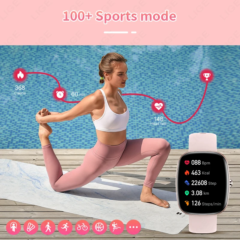 LIGE Fashion 1.83 inch HD Screen Smart Watch Women IP68 Waterproof Bluetooth Call Men Watches 24-hours Health Monitor Smartwatch