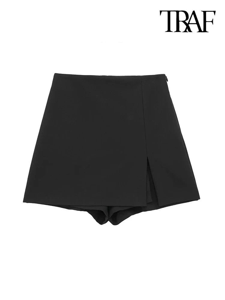 TRAF-Women's Front Slit Shorts Skirts With Side Zipper, High Waist, Female Skort,Fashion