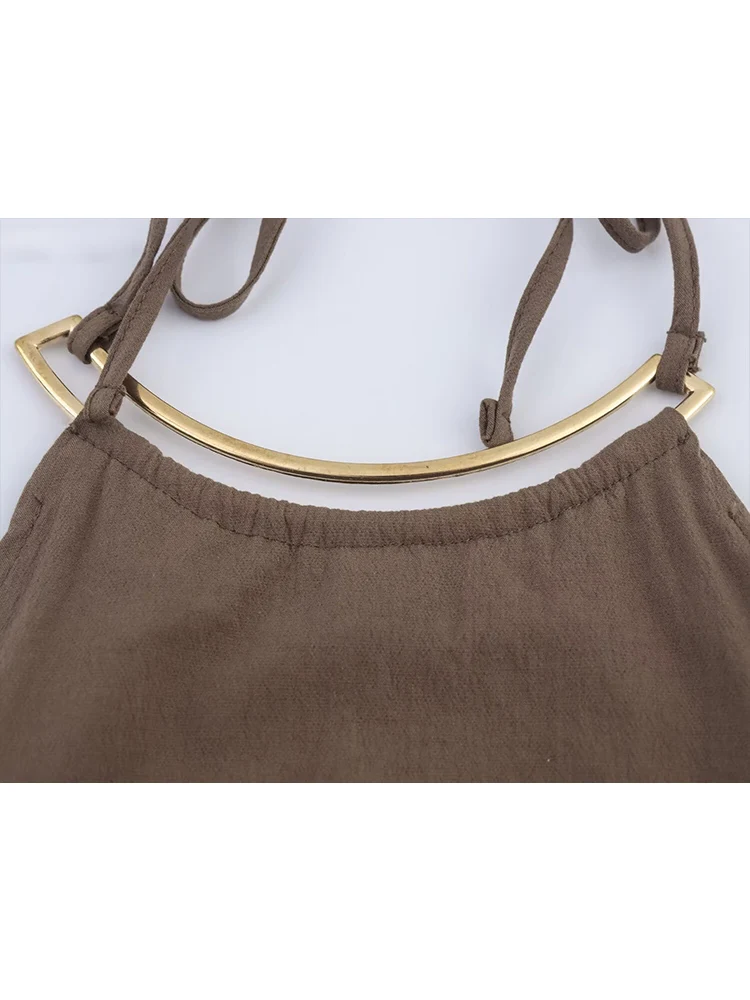 TFMLN Women Metal Rings Halter Midi Dress Sexy Backless Bow Lace Up Sleeveless Folds Street Sexy Party Bodycon Dress Summer New