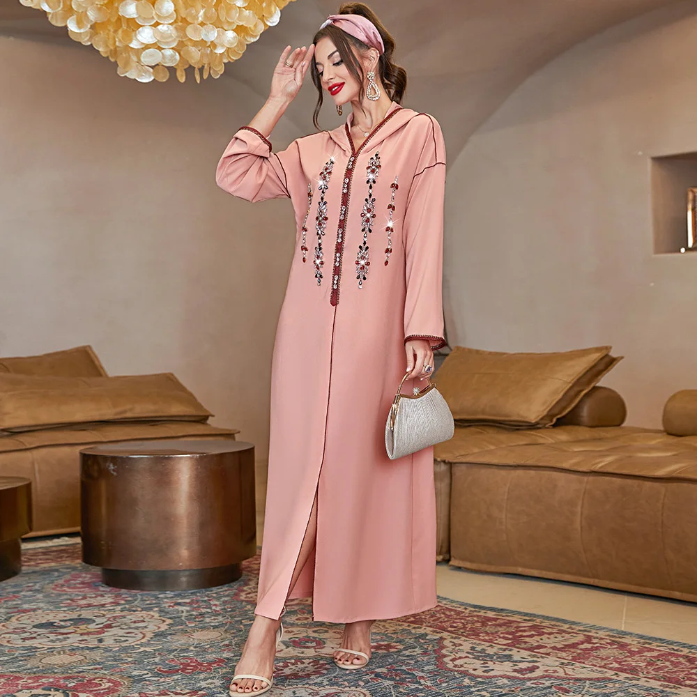 Abaya For Women Pink Beaded Splitting Djellaba Dark Red Ribbon Heavy Industry Bright Sparking Arab Dress Party Women Clothing