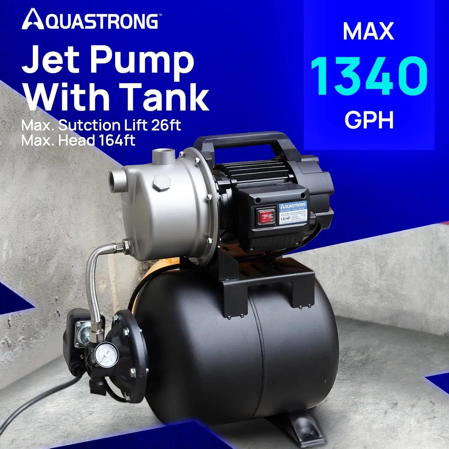 Stainless Steel Aquastrong 1.6 HP Shallow Well Pump with 1320 GPH Flow Rate, 115V, Pressure Tank, and Automatic Water Booster Je