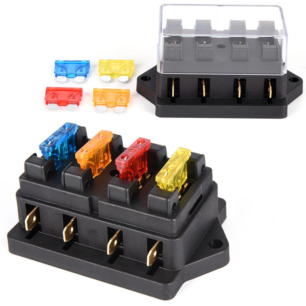 

New Car 4 Way Circuit Standard ATO Blade Fuse Box Block Holder 12V/24V+4 Fuses(5A+10A+15A+20A) Universal ABS Accessories 8*5*4CM