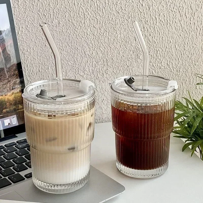 450ml Transparent Glasses Stripe Glass Cup with Lid and Straw Ice Coffee Mug Tea Cup Drinkware Water Bottles Kitchen Accessories
