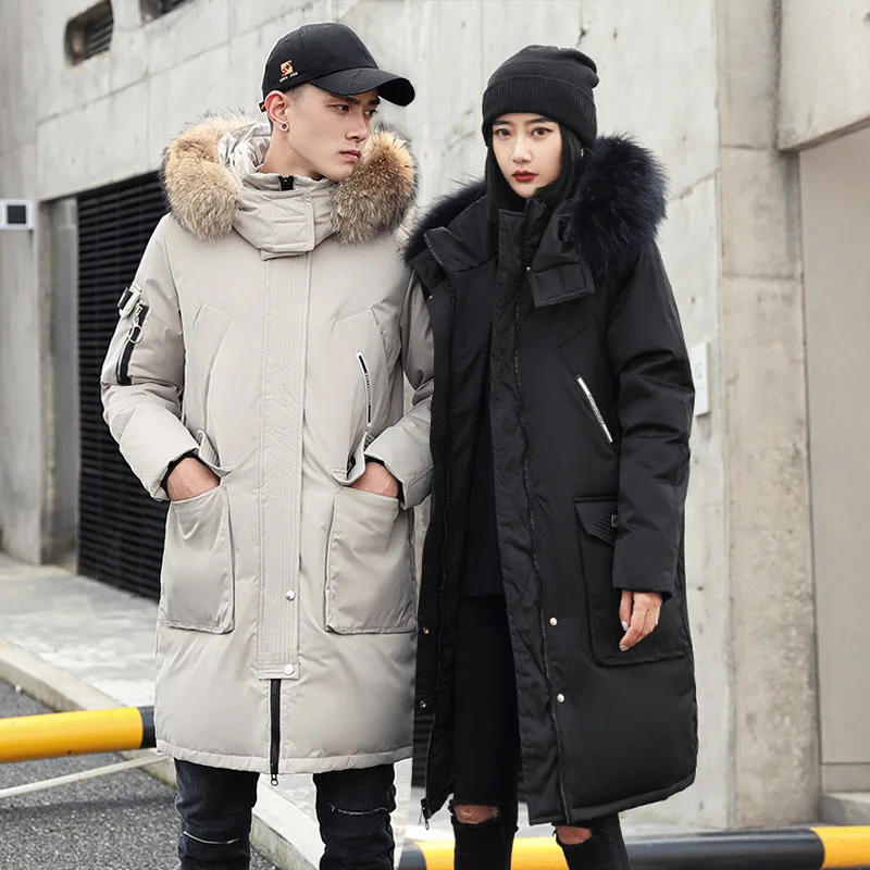 

-40 Degree 90% White Duck Down Jacket Coat Winter Down Parkas Fur Hooded Collar Windbreaker Thick Warm X-Long Couple Down Parkas