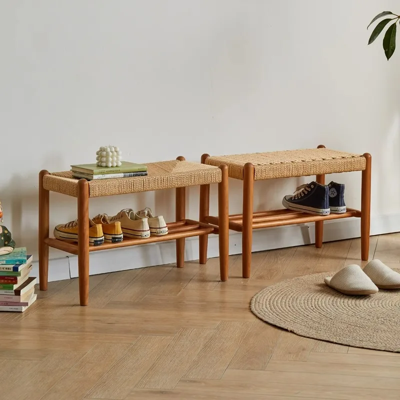 Nordic Solid Wood Shoe Bench Japanese Rope Woven Bed End