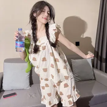 طقم بيجامات صيفي للنساء طقم بيجاما ملابس نوم نسائية مثيرة للنوم بأكمام قصيرة ملابس نوم بناطيل نسائية بدون أكمام 3