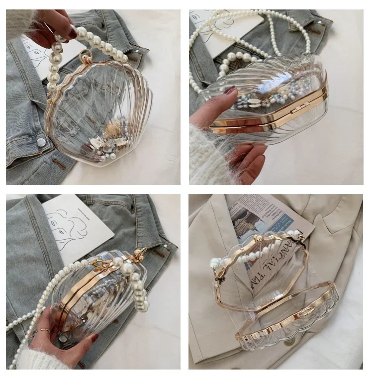 Pearl Chain Acrylic Clutch Bag - Transparent Shell Evening Purse for Women, Crossbody & Shoulder Strap Party/Wedding Accessory