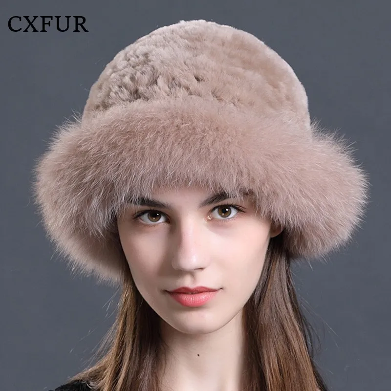 

Free Shipping Cheap and Warm Ladies Elegant Hats Fox Fur Trim Real Rex Rabbit Fur Hat CX-C-02B