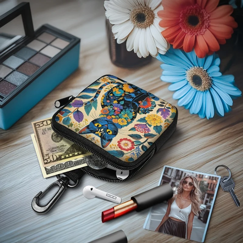 Colorful Cat Print Coin Purse Artificial Leather Zipper Storage Bag Multi Functional Mini Earphone Case