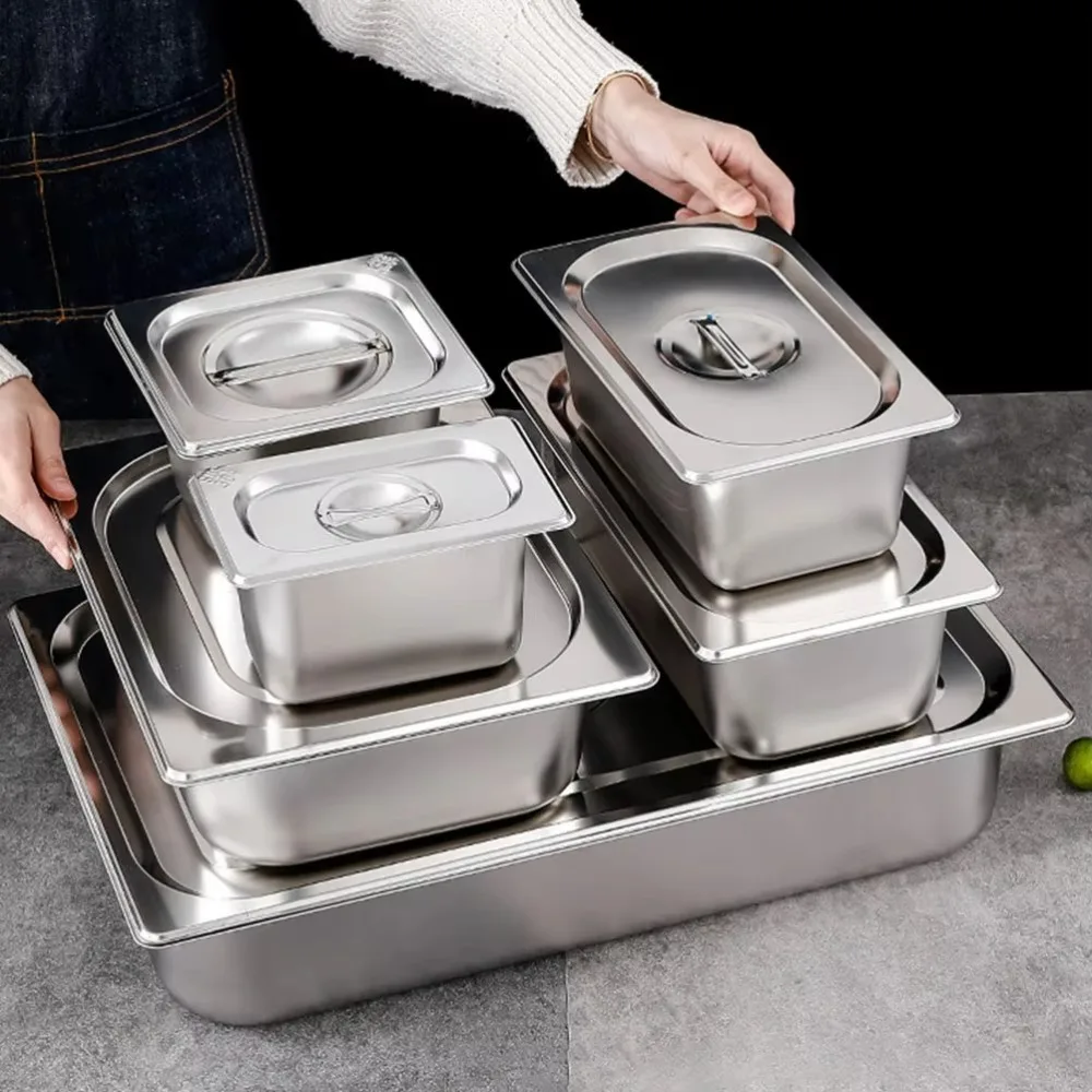 304 Stainless Steel 1/9 1/6 1/4 1/3 1/2 Food Pan Thickened Easy To Clean GN Pan Lid Rectangular Tray Basin Chafing et