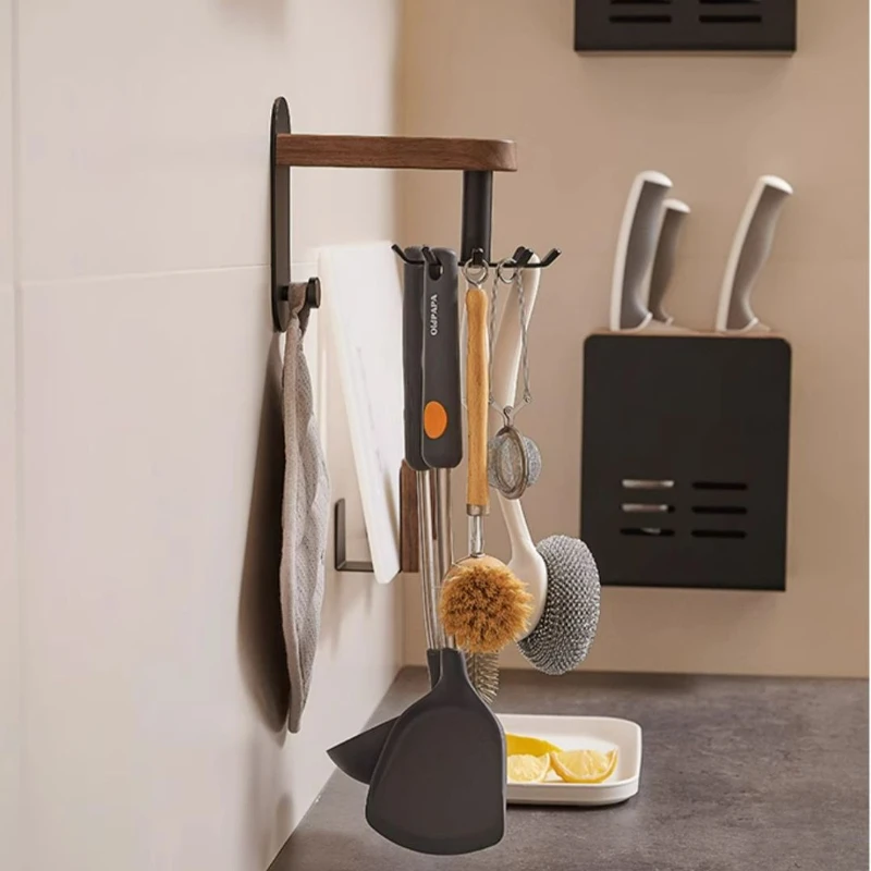 Solid wood wall-mounted kitchen hooks rotating multifunctional spoon spatula storage rack kitchen utensils shelves no punch 4