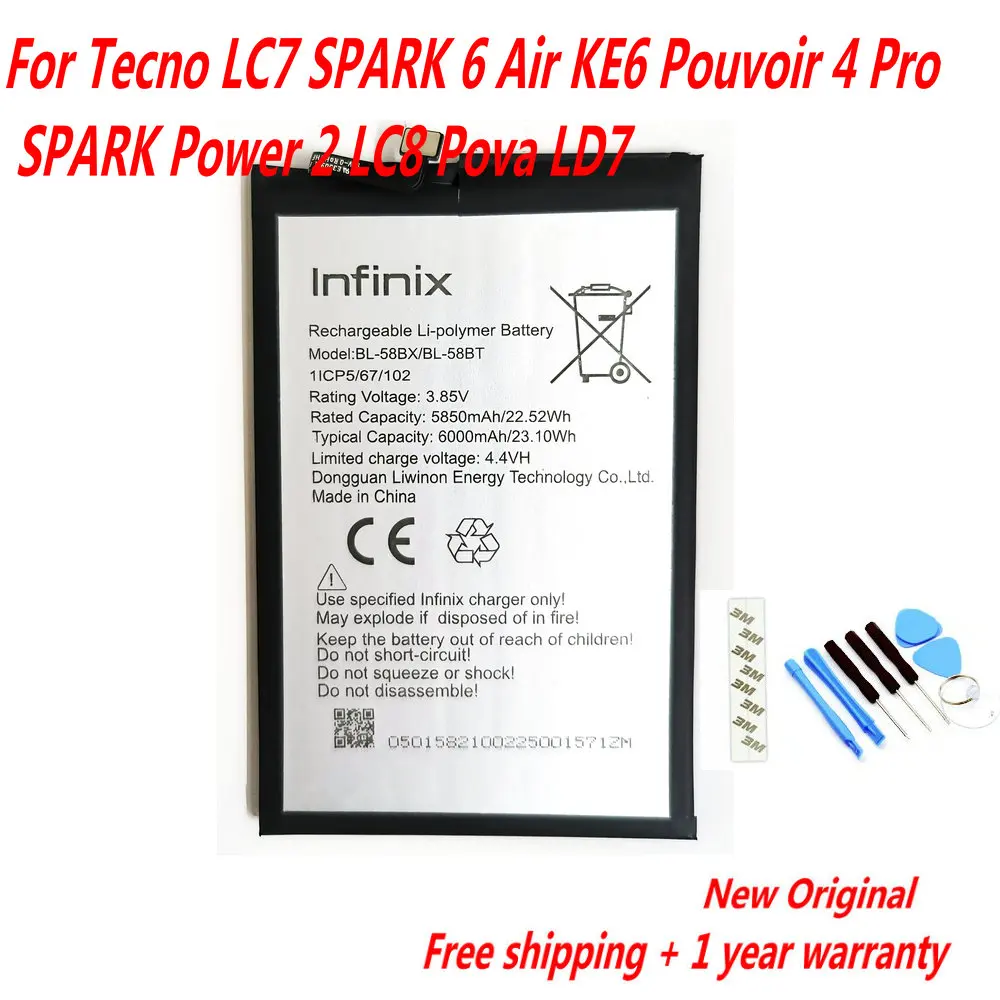 

Original 6000mAh BL-58BT BL-58BX Battery For Tecno LC7 SPARK 6 Air KE6 Pouvoir 4 Pro SPARK Power 2 LC8 Pova LD7 Mobile Phone