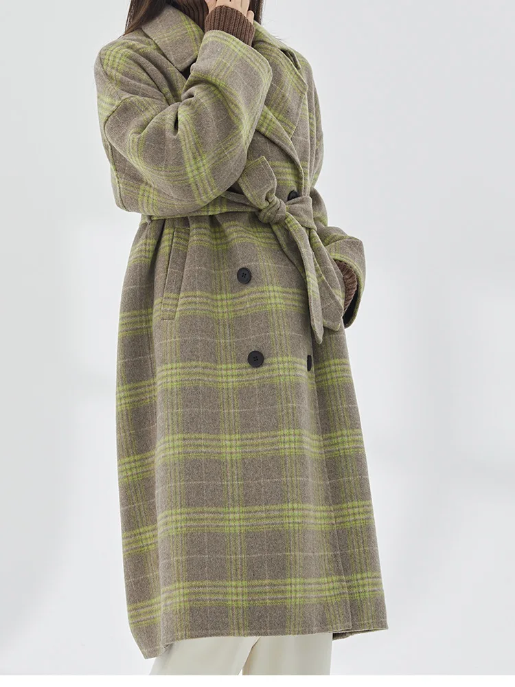 Reversible Wool Coat     Women's Fresh Plaid Loose Tie womens Bathrobe Section, woolen Tweed Jacket, Suit Collar, Minimalist Winter Coats Outerwear for woman in green with belt, Bl * Mi