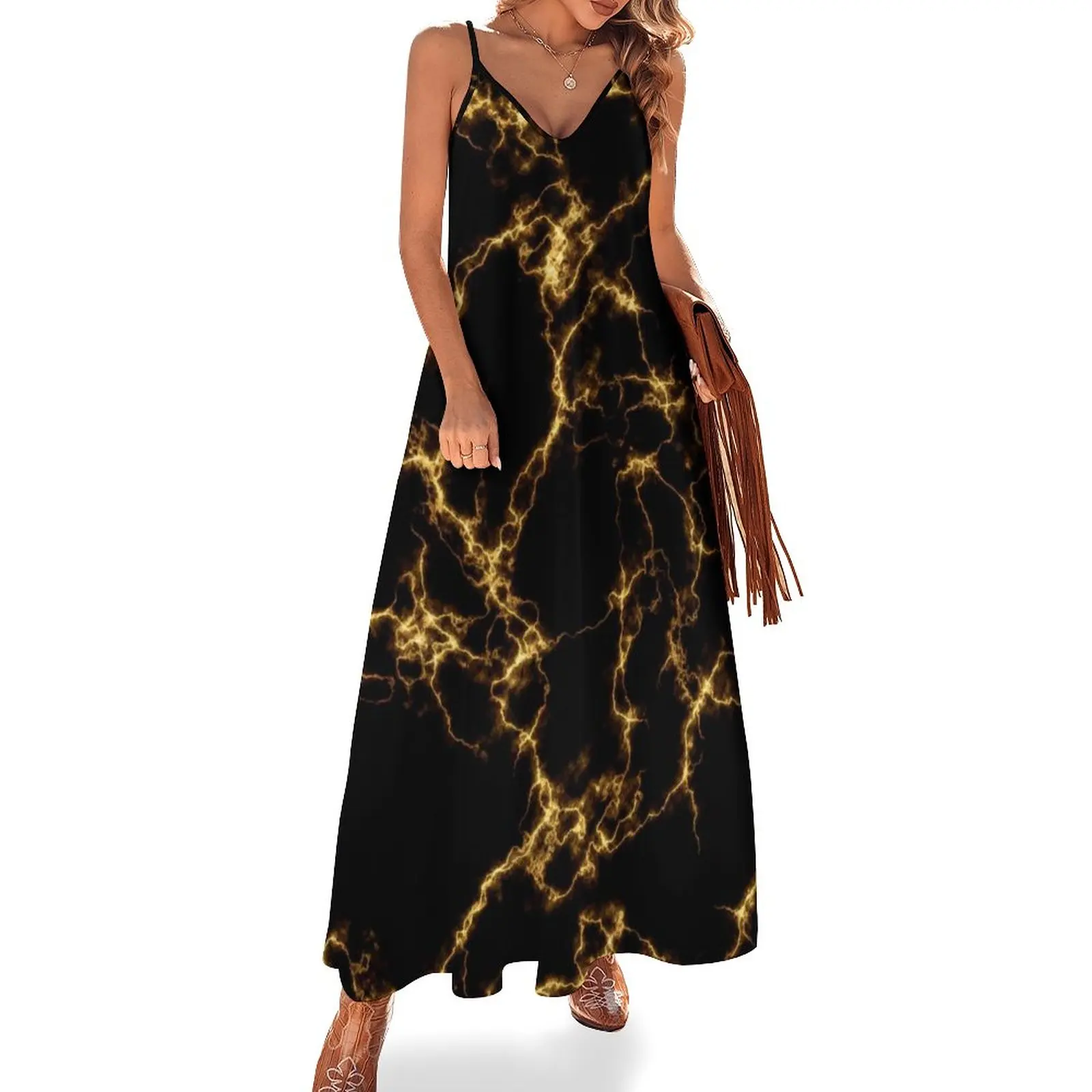 Elegant Golden Marble Dress Cool Black Gold Gorgeous Marbles Streetwear Boho Beach Long Dresses Elegant Maxi Dress Print Vestido
