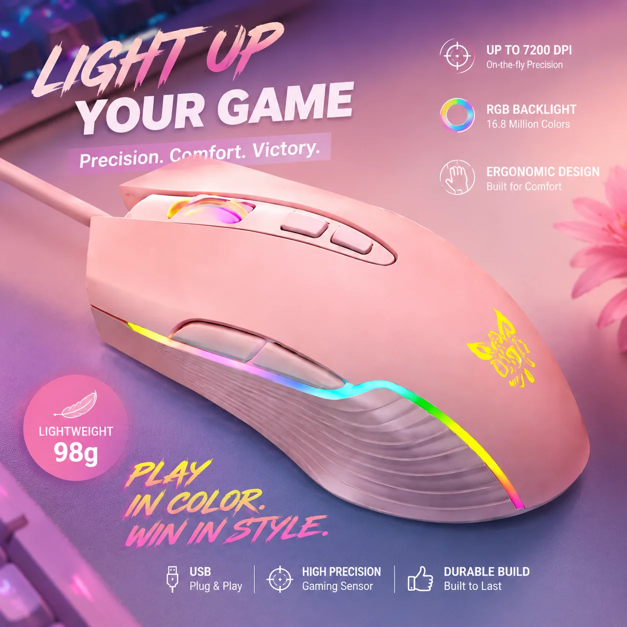 Mouse Ottico da Gaming RGB Colorato a 7 Pulsanti 6400DPI, Mouse Ergonomico Cablato Retroilluminato per Computer, Laptop, Desktop e Accessori PC - immagine 4