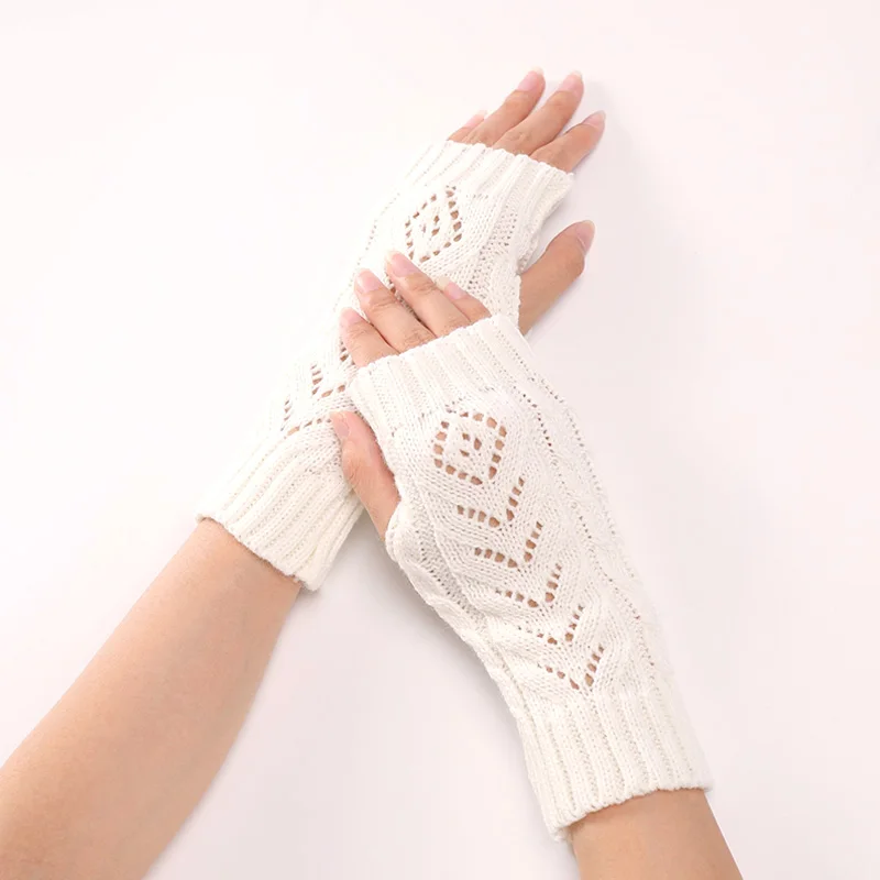 

Women Half Finger Gloves Winter Warm Soft Hollow Out Knitting Solid Color Gloves Daily Casual Fashion Students Writting Mittens