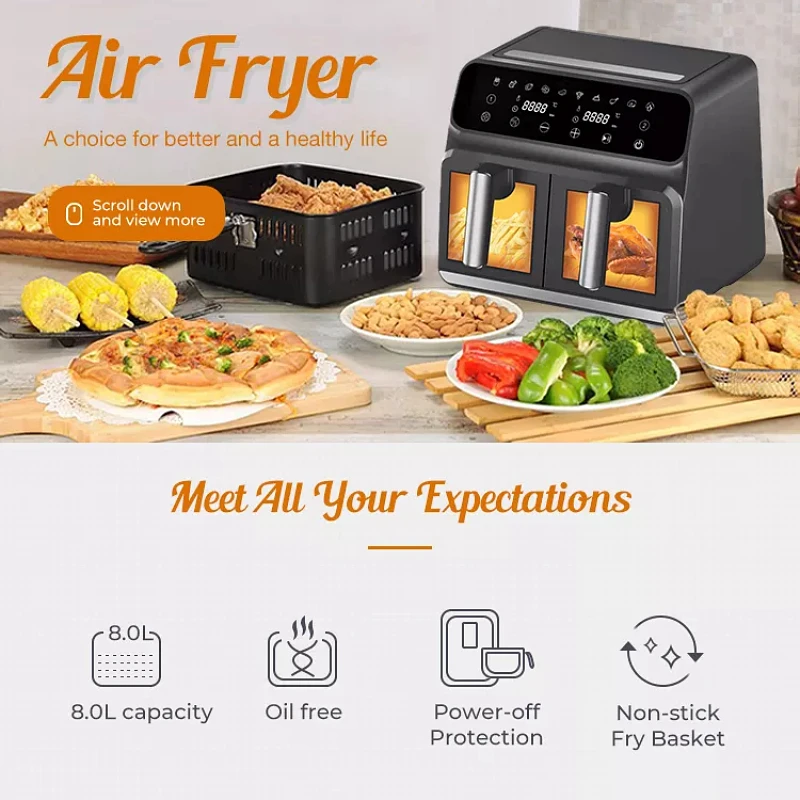 OEM High Quality kitchen Electric Hot Air fryer Oven Oiless Cooker Machine double air fryer with dual basket 3