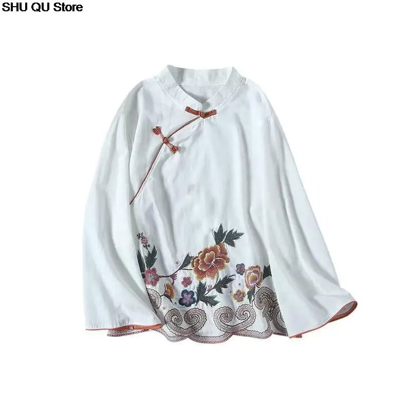 Chinese Style Embroidered Cotton Linen Shirts Spring Summer Retro Buttoned Long-sleeved Stand-up Collar Clothes Loose Tops