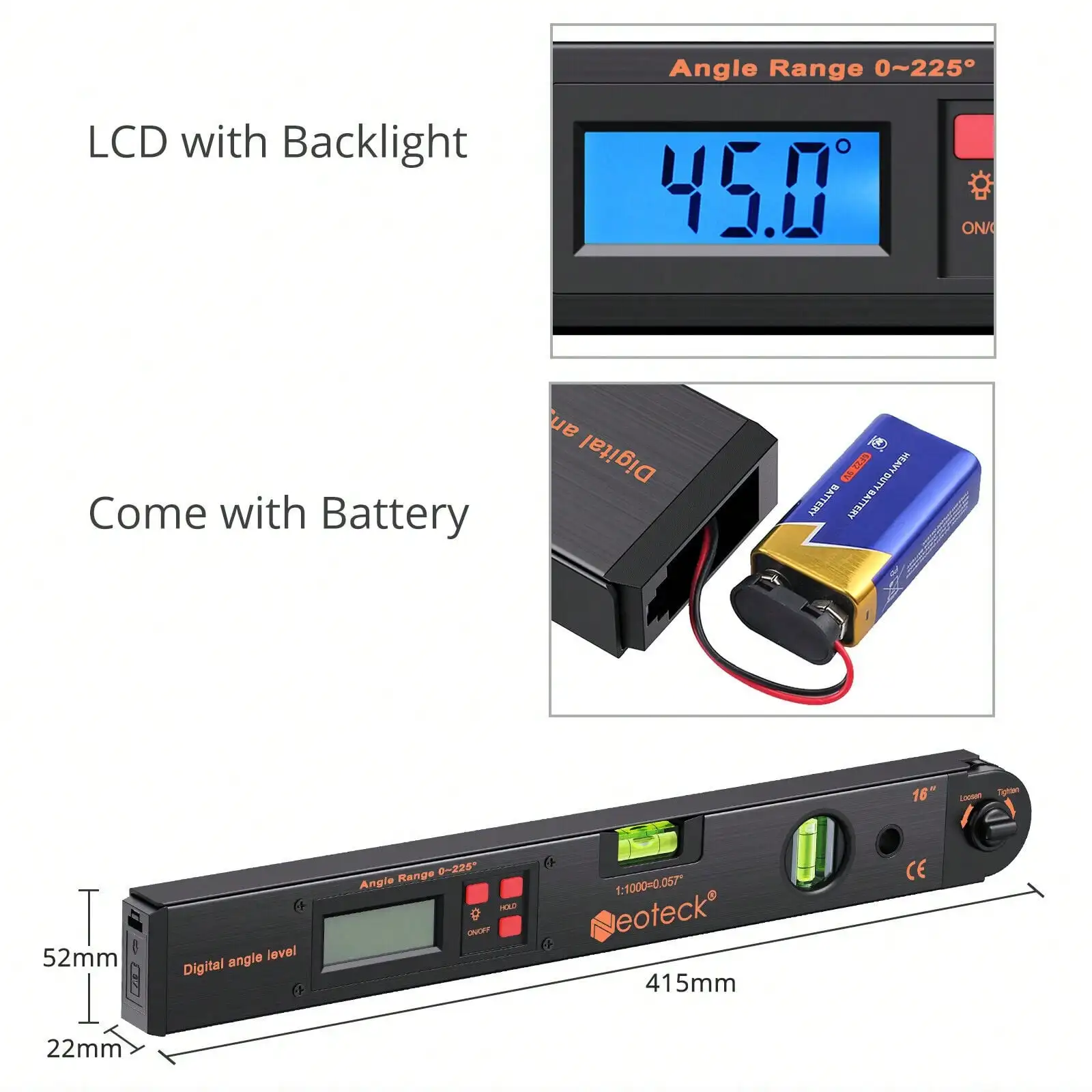 0~225&deg; LCD Digital Protractor Spirit Level Angle Finder Gauge Meter 400mm with Backlight for Measure Horizontal Vertical Angle