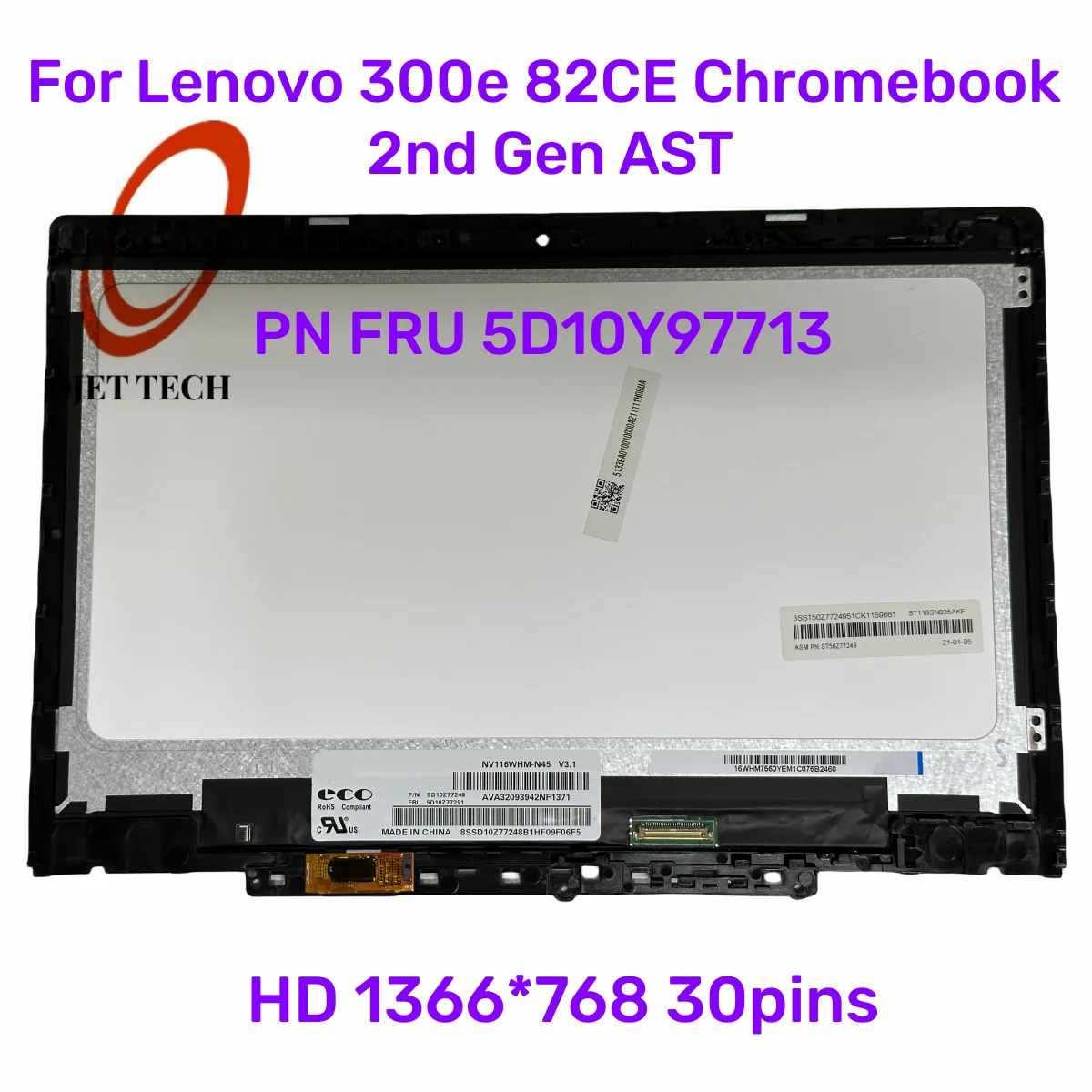 

11.6" For Lenovo 300e 82CE Chromebook 2nd Gen AST Touch Screen Digitizer LCD Display Assembly Frame PN FRU 5D10Y97713