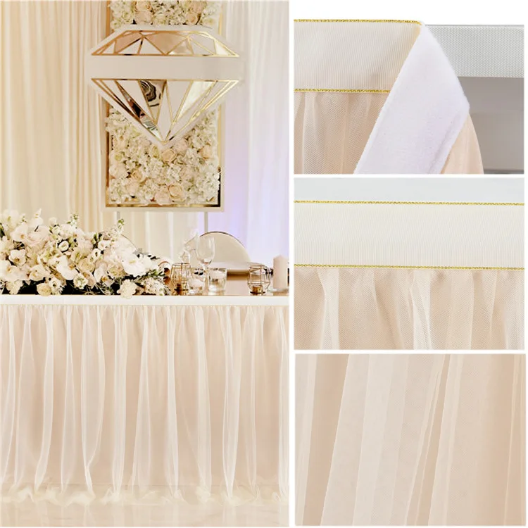Description Picture 6 of itemTulle table skirt high-end gold-rimmed mesh wedding New Year's party decoration hotel supplies mesh table skirt table cover