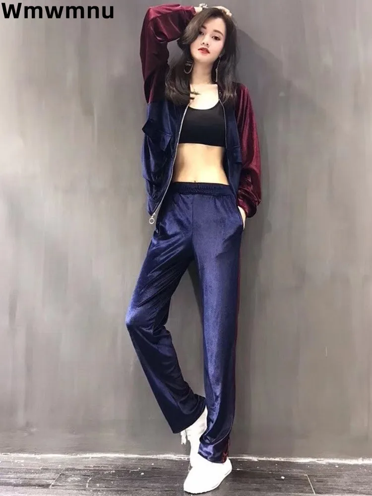 

Velvet Patchwork Sweatshirt 2 Piece Set Korean Fashion Zip Out Coat Tops Tracksuit Casual Baggy Wide Leg Pants Conjuntos New