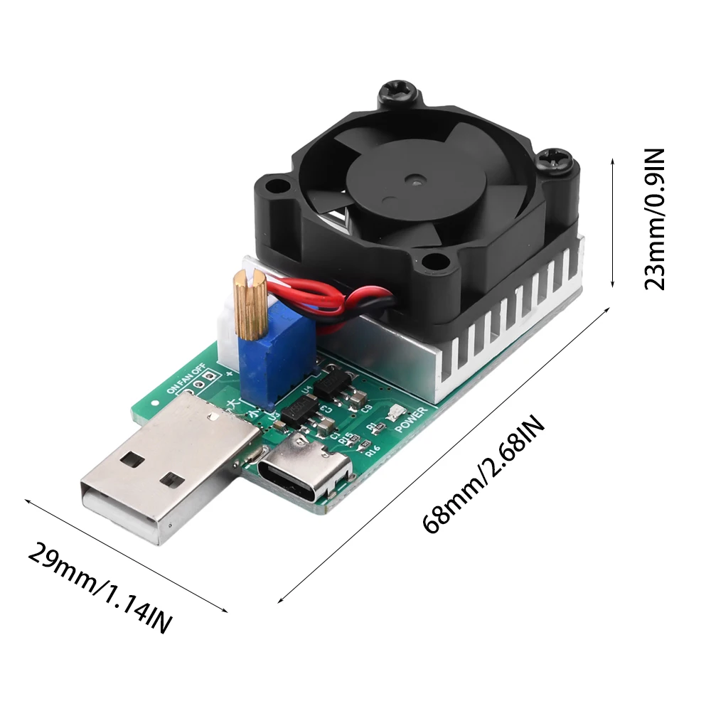 Módulo Resistor de Teste de Carga Eletrônico, USB e Interface Tipo C, Ajustável, Corrente Constante, Ventilador, 18W, 22.5W, 3A