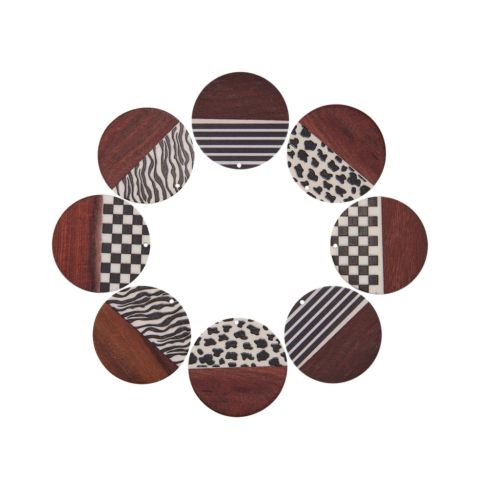 8Pcs Zebra Stripes Lattice Leopard Pattern Printed Resin & Wood Pendants Round Wooden Charms for Girl Jewelry Making Accessories