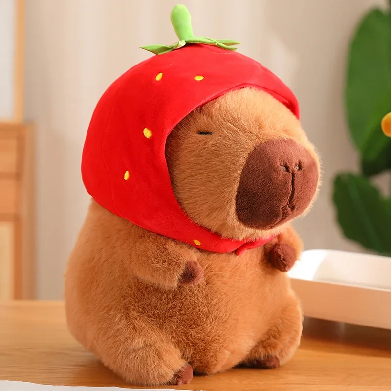Cute Capybara Plush Toy Kawaii Fluffy Capibara With Turtle Bag Strawberry Cap Stuffed Animals Kids Birthday Gift Home Decoration