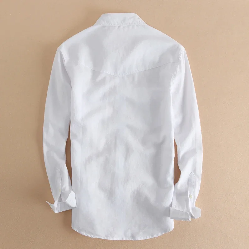 

2021 Mens Linen Shirts Long Sleeve Turn-down Collar Classic 2 Pockets White Shirt Chinese High Quality Formal Flax Dress Shirt