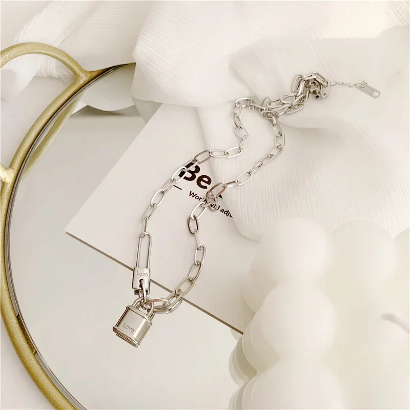 Stainless Steel Letter Love Lock Pendant Thick Chain Necklace for Women Men Gold Silver Color Charm Jewelry Wholesale 4