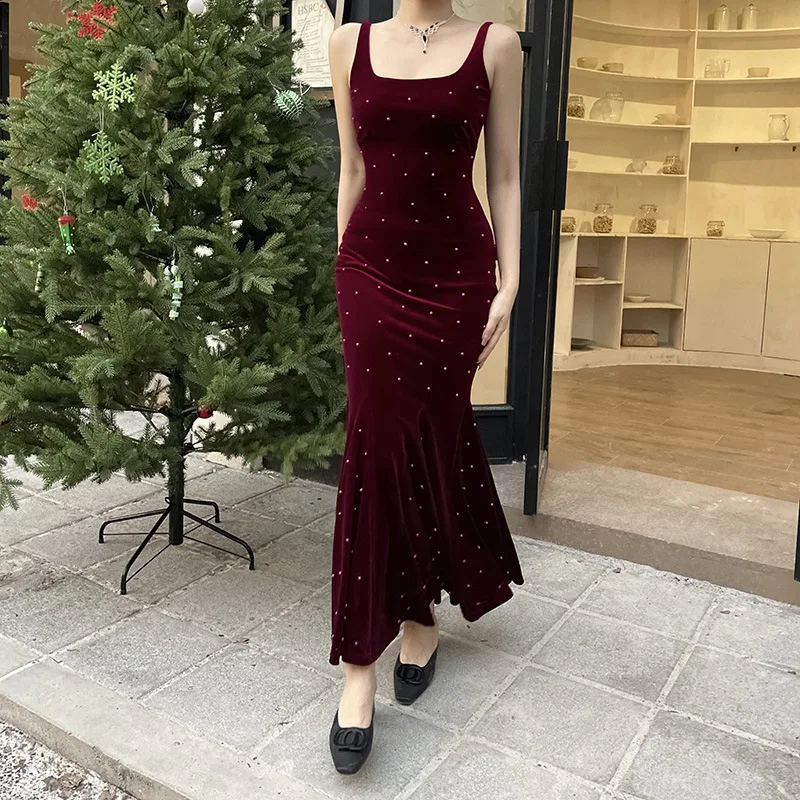 

CINESSD New Sexy Slim Fit Women Dress 2024 Spring Suspended Long Dress Street Style Suede Sequin Night Party Vestidos WS856