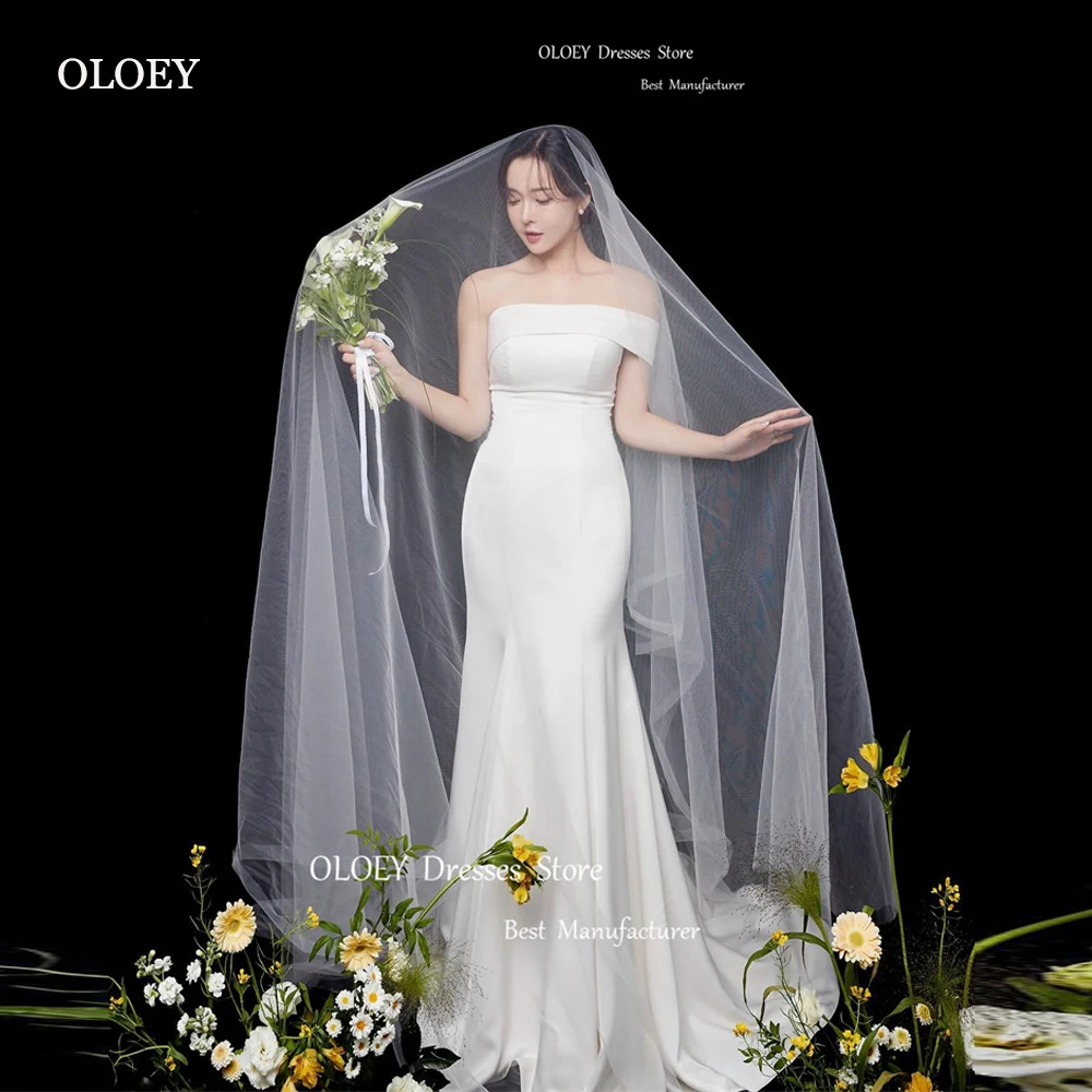 

OLOEY Simple Mermaid Korea Wedding Dresses With Bolero Sleeve Stretch Soft Sweep Train Bridal Gowns With Veil Free Custom Made