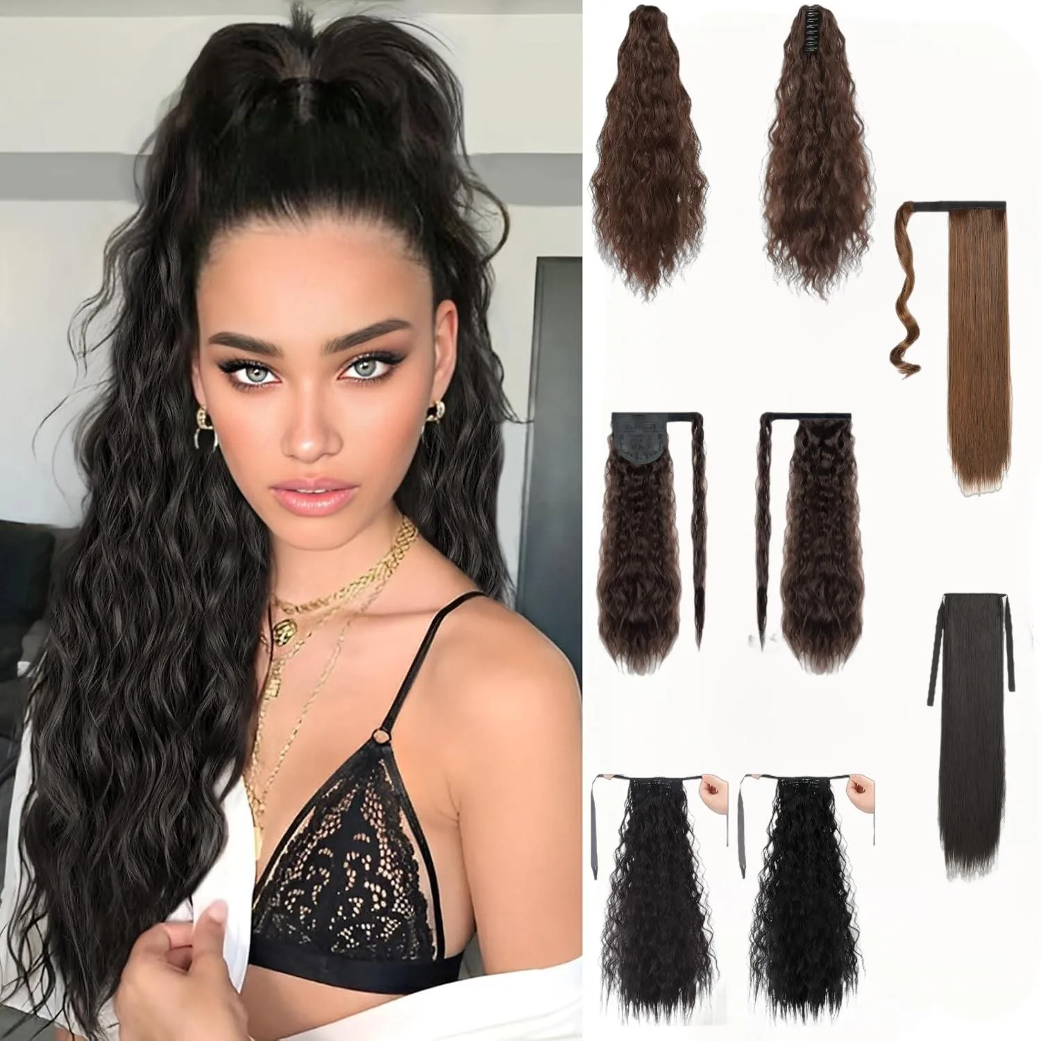 Ponytail Extension Drawstring Ponytail Hair Extensions Women Long Curly Wavy Natural Wavy Synthetic Hairpiece Clip in Ponytail Hair Extension Synthetic Ponytail Hair Accessories