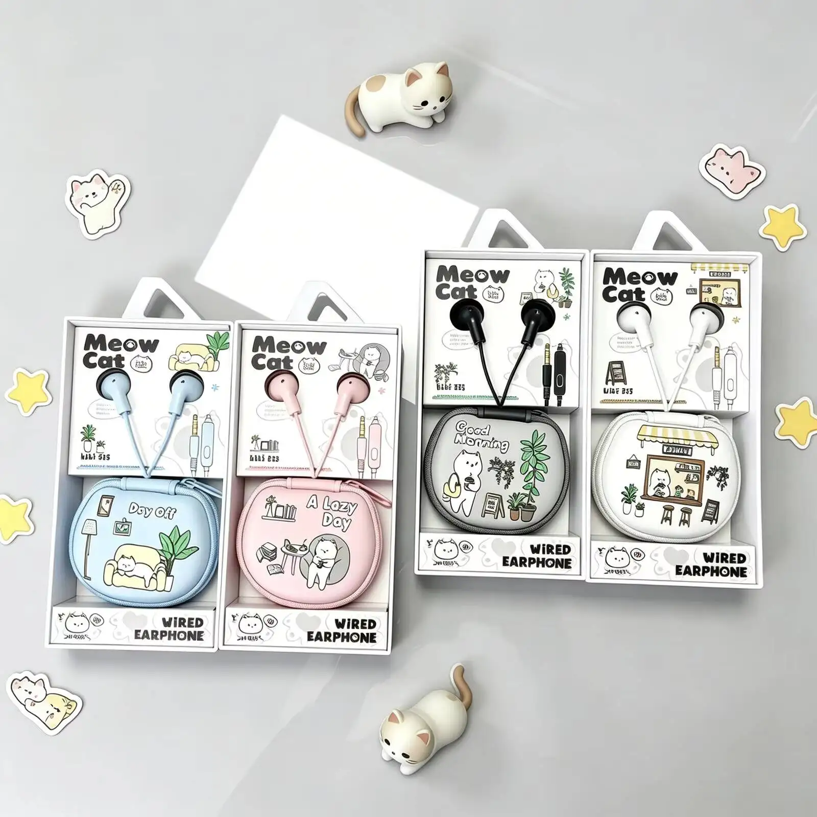 귀여운 고양이 모양 파우치가 있는 유니버설 3.5mm 유선 이어폰, 휴대폰, 노트북, 게임, 음악, 학생, 일상용 마이크 포함 스테레오 헤드폰