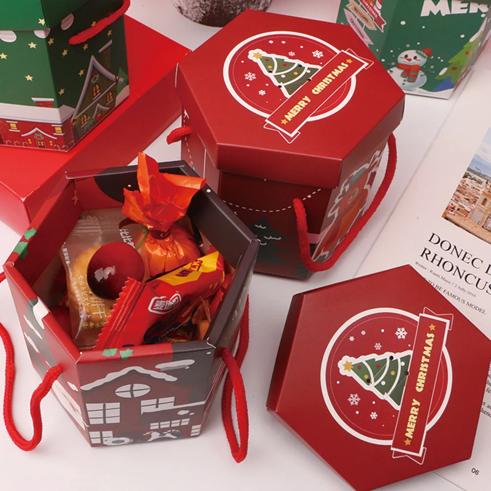 

Xmas Candy Packing Boxes Christmas Themed Paper Boxes Handle Design Gift Packaging Boxes
