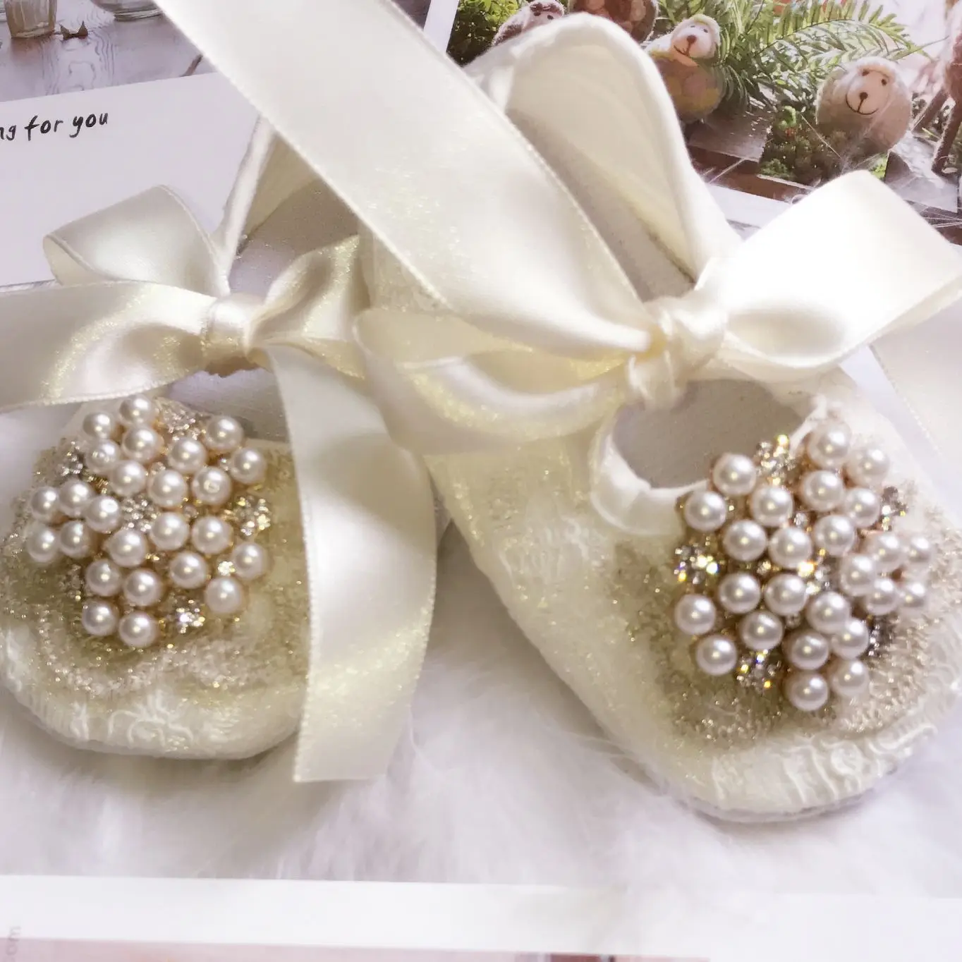 Dollbling 2022 Light Yellow Cream Color Satin Lace-up Pearls Buckle Wholesale Latest Baby Kids Soft Shoes Infant Toddler 3
