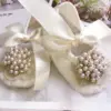 Dollbling 2022 Light Yellow Cream Color Satin Lace-up Pearls Buckle Wholesale Latest Baby Kids Soft Shoes Infant Toddler 3
